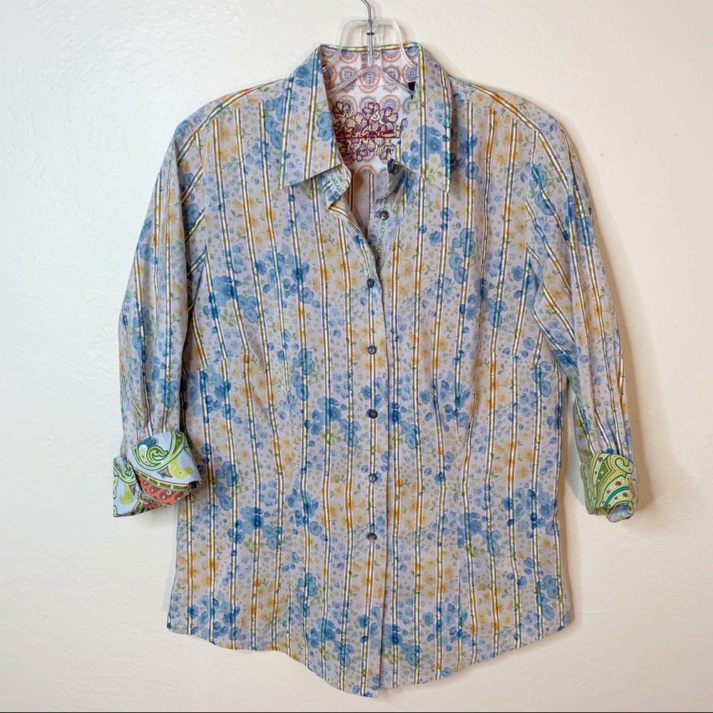 Robert Graham Women’s Floral Button Down Shirt M/M Blue Yellow Cotton - Picture 3 of 11